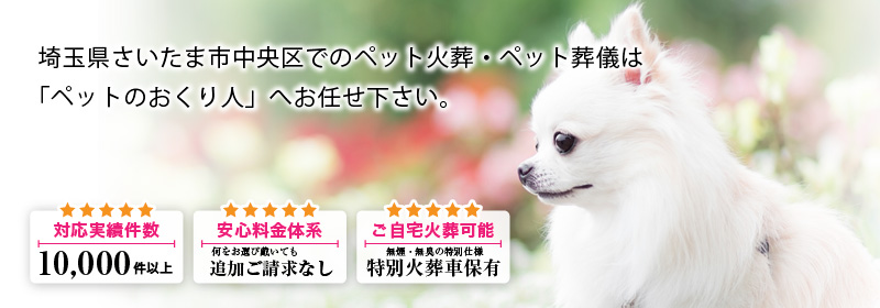 埼玉県さいたま市中央区でのペット火葬・ペット葬儀は「ペットのおくり人」へお任せ下さい。